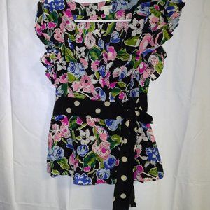 Anthropologie Odille 100% silk floral/polka dot wrap-style top size 0 NWOT!!!